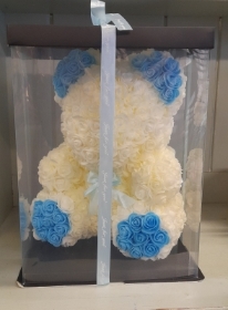 large 40cm ivory and blue artificial  rose bear