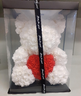 Large ARTIFICAL ivory with heart Rose bear 40cm
