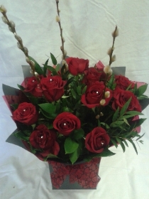 Luxury box of 12 Red Roses with diamontes