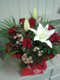 6 Red Roses and Lily Hand Tied